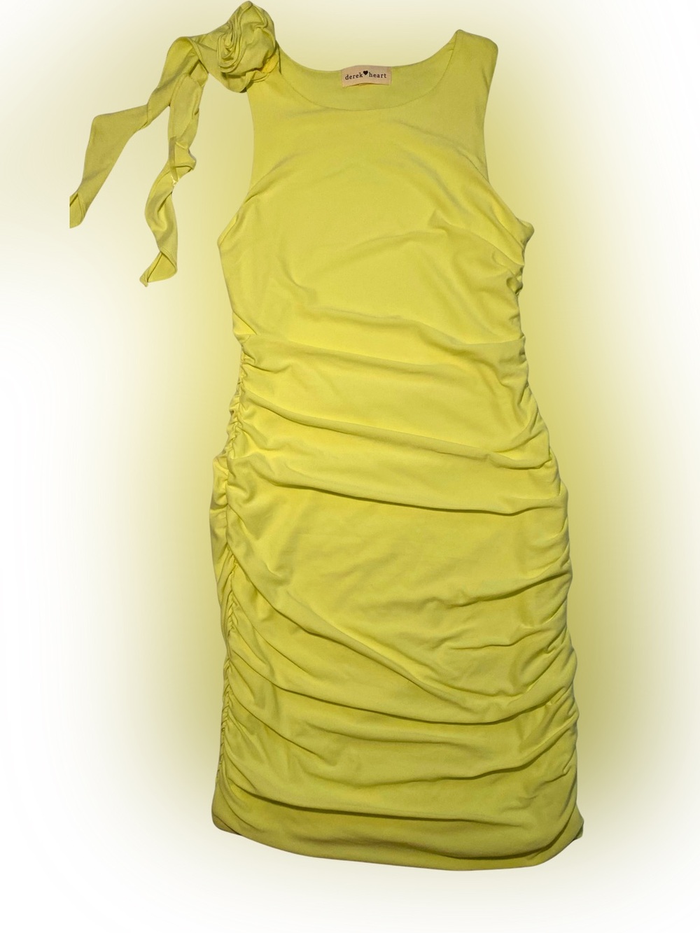 Derek Heart Lime Yellow Ruched Mini Dress with Tie Shoulder